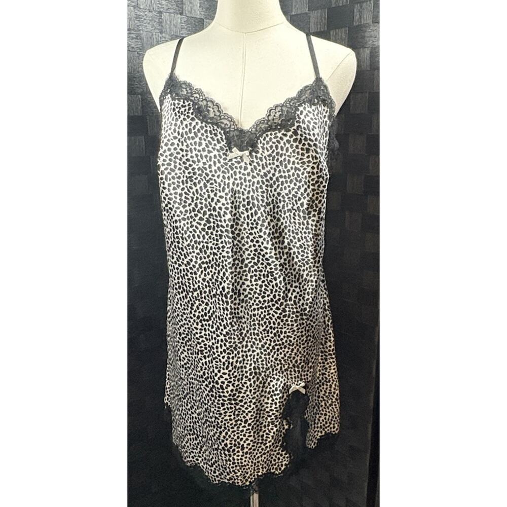 Victorias Secret Satin Animal Print Slip Dress Black Lace VTG Y2K Sexy Size L